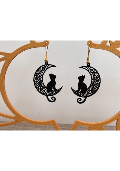 Mistik Ay Ve Kedi Küpe Çifti - Gotik Estetik Siyah Desenli Gece Temalı Aksesuar Siyah