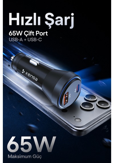 Kensa 65w Çift Portlu Hızlı Araç Şarj Aleti + Type-c To Lightning Şarj Kablosu Seti 65w Araç Şarj
