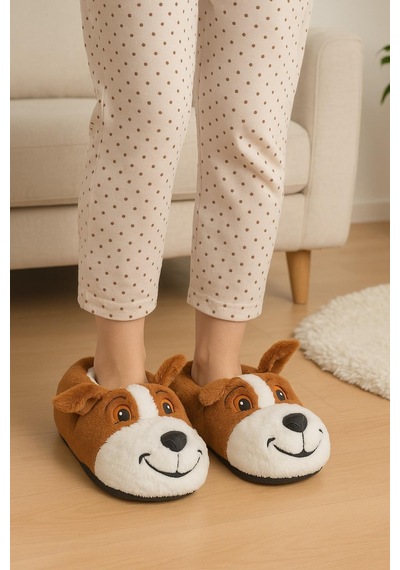 Unisex Yetişkin Köpek Figürlü Peluş Panduf Ev Pandufu Ev Botu Taba