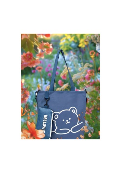 Organıcyou Helloyıyı Küçük Ayı Tek Omuz Çantası, İki Parça Set, Geniş Kapasiteli Öğrenci Crossbody Çanta Mavi