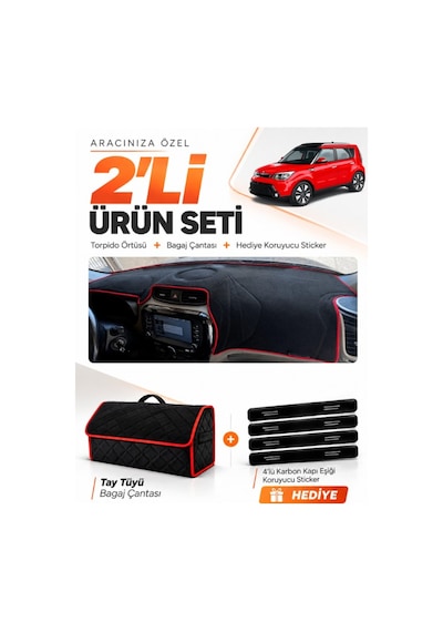 E-biz Kia Soul 2014-2019 Uyumlu Torpido Örtüsü + Tay Tüyü Bagaj Çantası - Siyah-kırmızı - Kı021