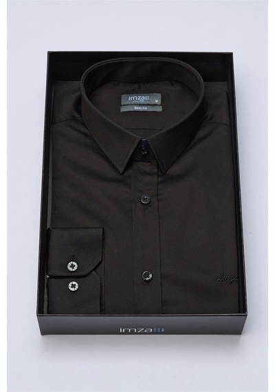 İmza Siyah Sert Yaka Uzun Kol Cepsiz Slim Fit %100 Pamuk Gömlek 1004260324