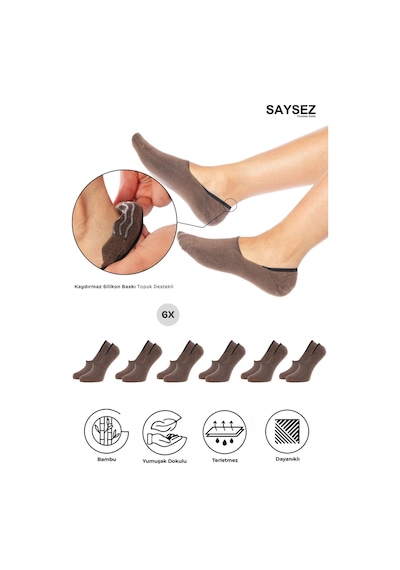 Saysez Bambu Kadın Babet Kahverengi Çorap Dikişsiz Görünmez Kaydırmaz Topuk Silikonlu Premium 6'lı Renkli