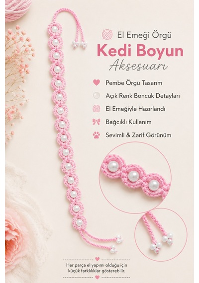 El Örgüsü Kedi Boyun Aksesuarı Pembe İnci Boncuklu Bağcıklı El Yapımı Dekoratif Kedi Tasması