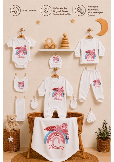 Pia Baby Kişiye Özel Kız Bebek Hastane Çıkışı 10 Parça %100 Pamuk Organik Baskılı Set 202910yx Ekru