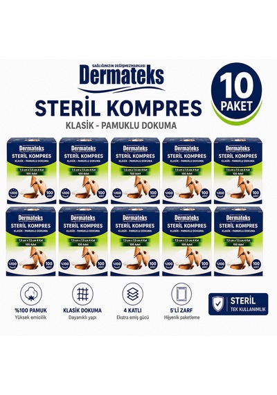 Dermateks Steril Kompres 7.5 x 7.5 Cm 4 Kat 100'lü 10 Paket