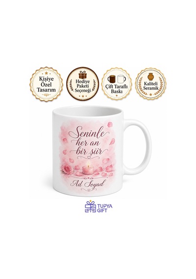 Romantik Pastel Pembe Gül Yaprağı Aşk Şiirleri Mum Işığı Temalı Porselen Kupa Bardak Hediye Beyaz / Çok Renkli