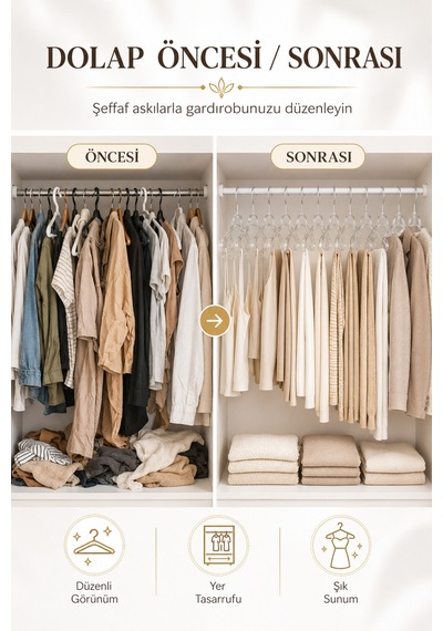 Kristal Elbise Askısı 6 Lı Set Şeffaf Kaydırmaz Çok Amaçlı Askı Şeffaf