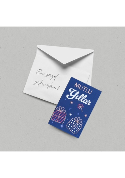 Yılbaşı Mutlu Yıllar Yazılı Hediye Kart Seti, Yeniyıl Paketleme Kartı, 25 Adet-5,5x8.5 Cm, Mavi