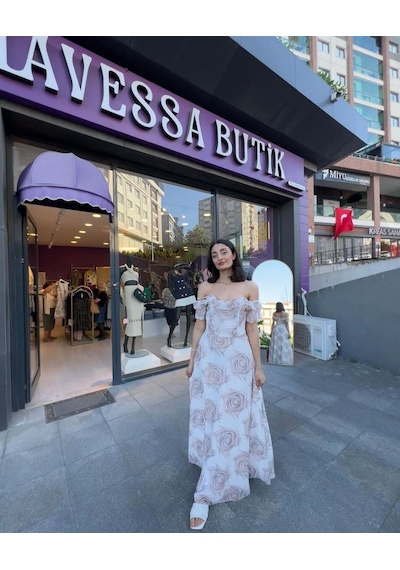 Şerit Geçişli Şifon Elbise - Beyaz-189