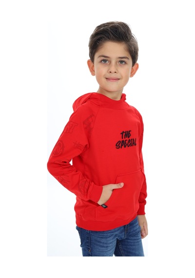 Toontoy Kids Toontoy Erkek Çocuk Relax Fit Kapüşonlu Cepli Reglan Kol Baskılı Sweatshirt - 2 İplik Kırmızı