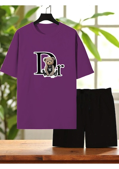 Uyguntarz Unisex Dr. Ayı Tasarım Basklı Tshirt Şort Takımı Mor
