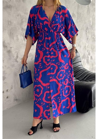 Neşeli Butik Kadın Kruvaze Yaka Desenli Dokuma Viskon Elbise Nbk2091 Mavi