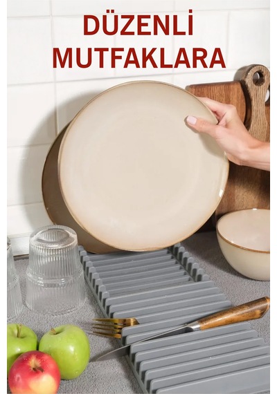 Katlanabilir Bulaşıklık 2 Katlı Büyük Boy Mikrofiber Matlı Tezgah Üstü Kurutmalık Organizer Gri