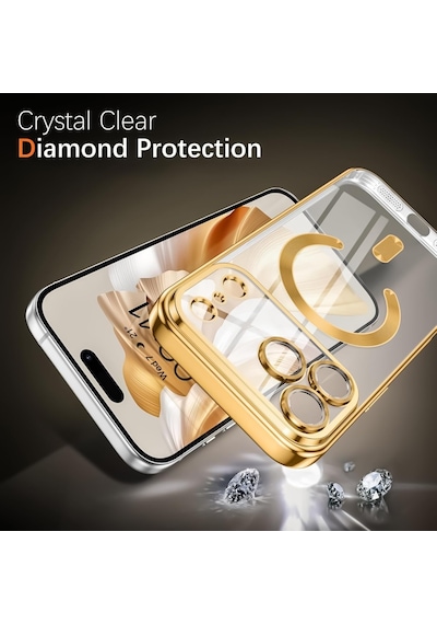 Apple Uyumlu iPhone 17 Pro Max İçin Magsafe İle Kılıf Kamera Lensli Korumalı Şeffaf Silikon Kapak Gold
