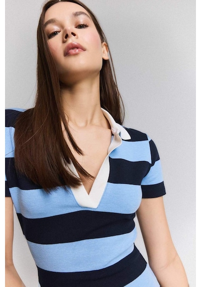 DeFacto Bodycon Vücudu Saran Polo Yaka Çizgili Ribana Kısa Kollu Mini Elbise E5701AX25SPNV251