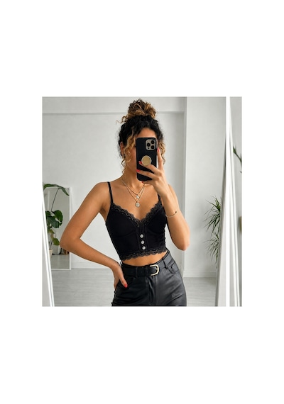 Panivue Kaşkorse Dantel Detaylı Dolgulu Pedli Crop Büstiyer Siyah