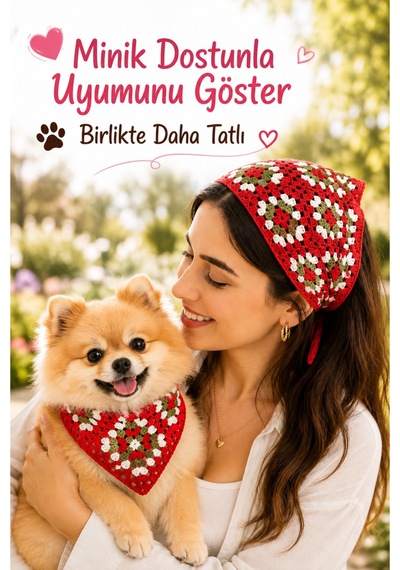 Kadın & Köpek Kombin El Örgüsü Minik Dost Bandana Seti Ayarlanabilir Evcil Hayvan Sahip Kombini Bohem Tasarım Beyaz