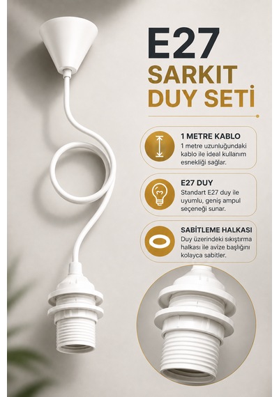 E27 Rozanslı Kablolu Sarkıt Avize Duyu 1 Metre Beyaz Askı Takımı Tam Dişli Rondelalı