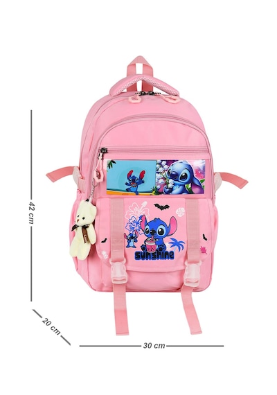 Stitch Baskılı Ortopedik Aksesuarlı Anahtarlıklı Okul Çantası Termal Beslenme Ve Kalemlikli Set Pembe