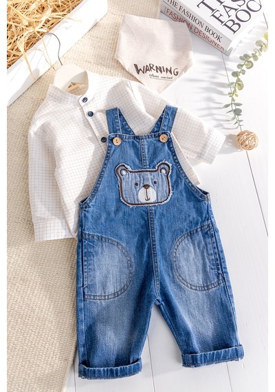 Babymod Denim 3'lü Erkek Bebek Salopet Kot Tulum Takım mavi