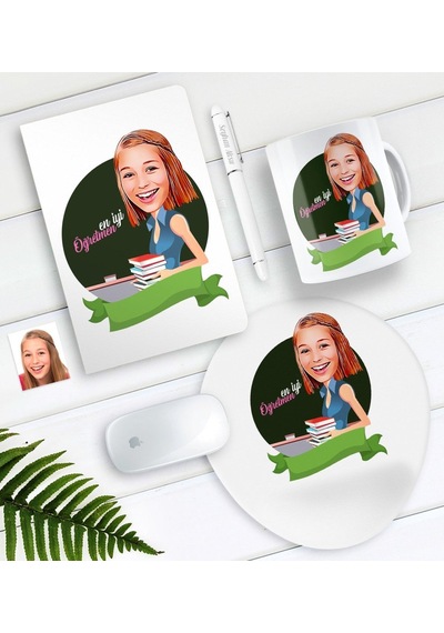 Kişiye Özel Bayan Öğretmen Karikatürlü Defter Kalem Kupa Mouse Pad Seti-6