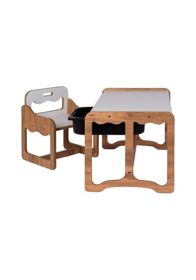 Montessori Tek Kişilik Masa Sandalye Takımı, 18mm Ceviz-beyaz Mdf Siyah