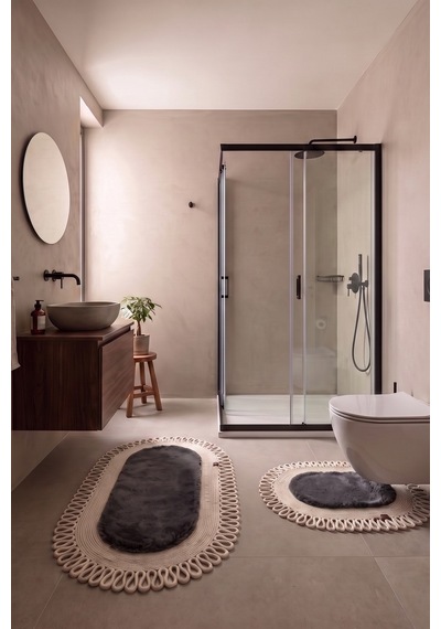 Banyo Paspası Takımı 60x100+40x60 Cm Dış Trikot Antrasit Gri & Krem Antrasit Gri - Krem