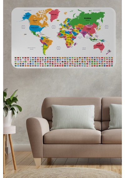 Ülke Bayrak Lı Eğitici Başkent Detaylı Atlası Dünya Haritası Duvar Sticker-85x130-3833 Çok Renkli