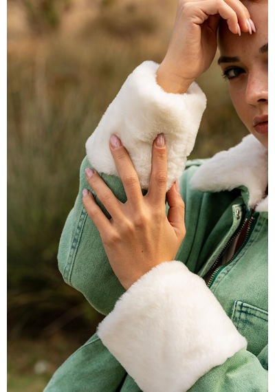 Verdeblanco Kürklü Peluş Yaka Kot Mont Yeşil Yeşil