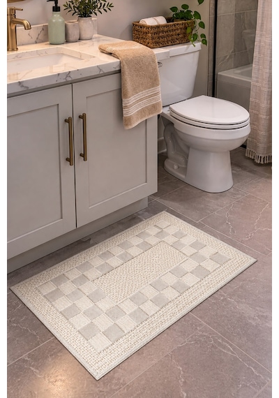 Sakura Sk014a Doğal Pamuk 2'li Banyo Paspas Seti 60x100 60x50cm Kaymaz Taban Makinada Yıkanabilir Kemik