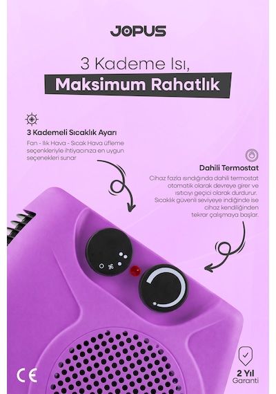 Jopus 2000W Elektrikli Fanlı Isıtıcı, Termostatlı, Sıcak-Soğuk Hızlı Isıtma, 25 m² Alan Kapasitesi