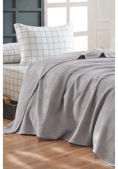 Eponj Home Lastikli Çarşaflı Pike Takımı Tek Kişilik %100 Pamuk 3 Parça Artus Desenli Gri Weave Serisi Gri