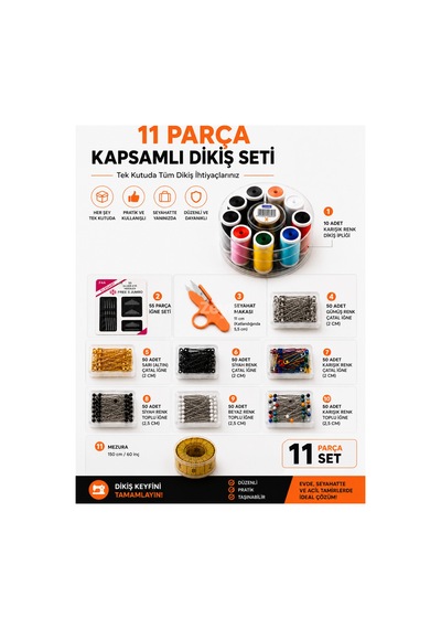 11 Parça Kapsamlı Dikiş Seti 10 Renk İplik, 55 Li İğne, Çatal İğne, Toplu İğne, Mezura Ve Seyahat Makası