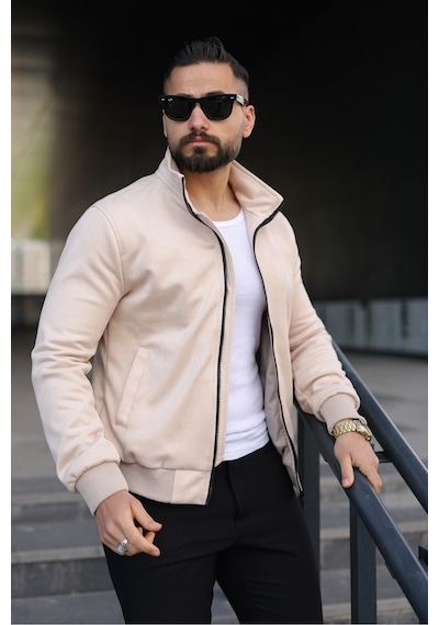 Baselco Dik Yaka Slim Fit Mevsimlik Astarlı Süet Ceket Krem