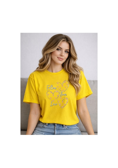 Herkesemoda Follow You Love Baskı Detaylı Kadın Bisiklet Yaka Pamuklu T-shirt Sarı