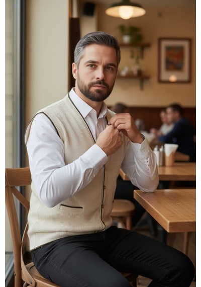 Kamalı Erkek Krem V Yaka Triko Düğmeli Cepli Çizgi Desenli Regular Fit Tüylenmeyen Örgü Yelek Taş