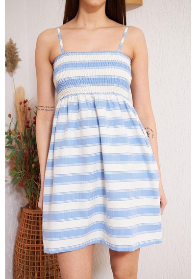 Darlin Moda Mavi Çizgili Cepli Elbise Dm1003 Mavi