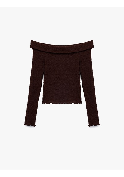 Koton Slim Fit Dokulu Omzu Açık Uzun Kollu Tişört Kahverengi 6wal10287ık Kahve