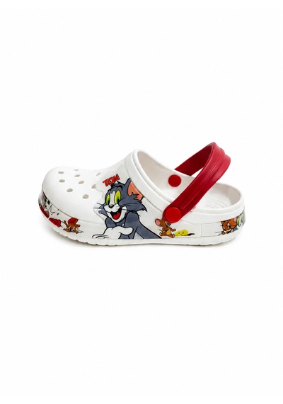 Solariz Unisex Tom Ve Jerry Figürlü Ortopedik Kaymaz Eva Taban Terlik Kırmızı Beyaz