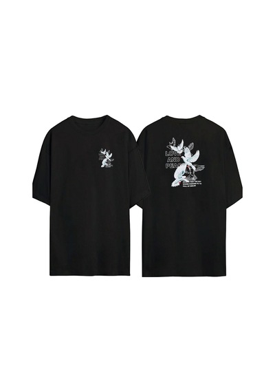 Thewert Unisex Love And Peace ,güvercin Ön Arka Baskılı Sıyah Oversize T-shirt Siyah