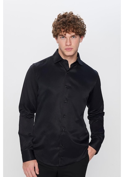 Tudors Slim Fit Dar Kesim Uzun Kollu Önden Kulplu Düz 4 Mevsim Erkek Gömlek-31320 Siyah
