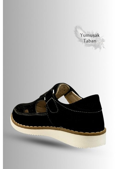 Sermoda Çocuk Sandalet - Cırtlı Süet Yumuşak Taban Erkek Çocuk Sandalet Siyah