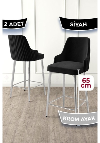 Canisa Tera Serisi 2 Adet Babyface Kumaş 65 Cm Krom Kaplama Ayaklı Bar Siyah Sandalyesi Siyah Sandalye Krom Kaplama Ayak