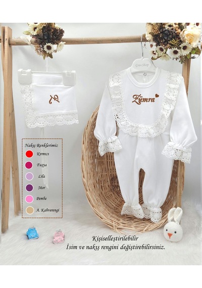 Gros Shop Yeni Doğan %100 Pamuk Dantelli Hastene Çıkış Tulum Seti Kişiye Ö Pembe