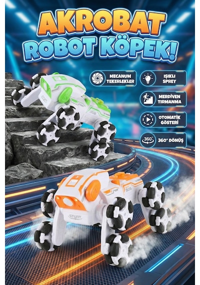 Uzaktan Kumandalı 8 Tekerlekli Akrobat Araba - Buhar Püskürten Işıklı Şarjlı Robot Köpek Oyuncak Turuncu