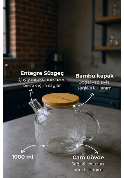 Bambum Juliet - Bambu Kapaklı Cam Demlik 1000ml Şeffaf