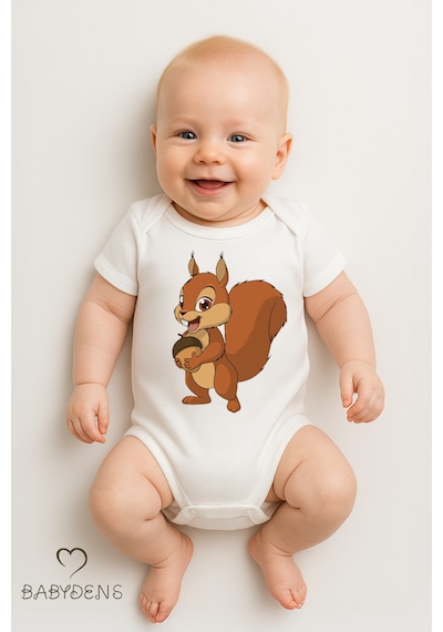 Babyden's %100 Pamuklu Sevimli Hayvan Figürlü Bebek Body Unisex Çıtçıtlı Kısa Kollu Zıbın Sincap Beyaz