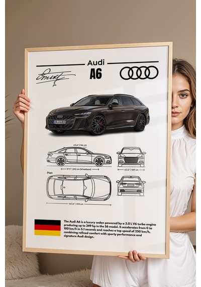 Audi A6 Tablo - Teknik Özellikli Alman Lüks Sedan Poster - Çerçeveli Duvar Dekoru - Araba Blueprint Kayın