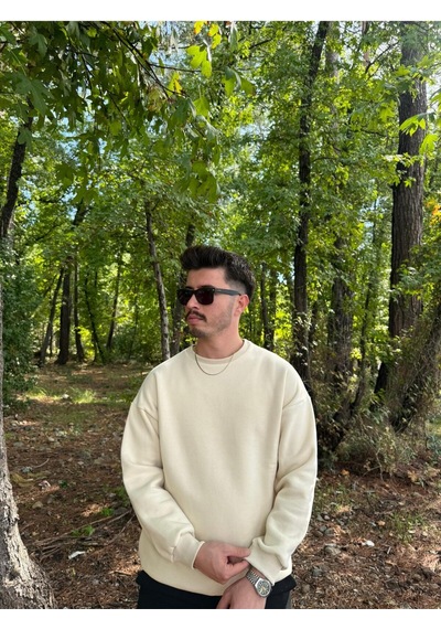 Erkek Oversize Bisiklet Yaka Basic Sweatshirt Ekru